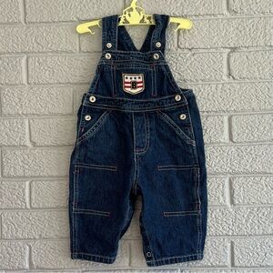 Vintage Faded Glory Baby Denim Overalls Featuring B and Hockey Patches 6M